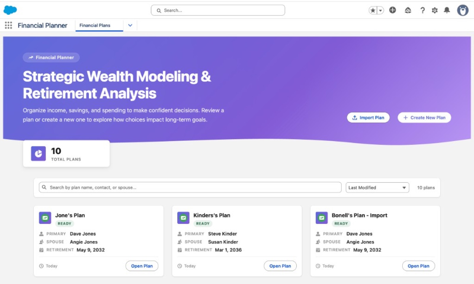 Financial Planner app home with household plan cards in Salesforce