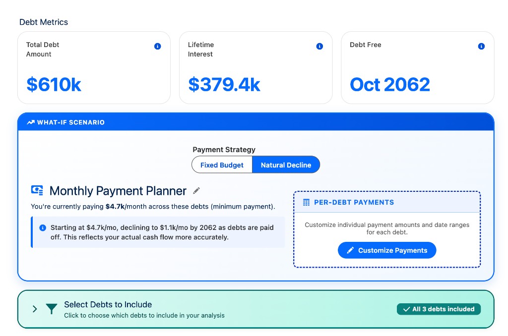 Debt Payoff Explorer with total debt, lifetime interest, and payment strategy controls