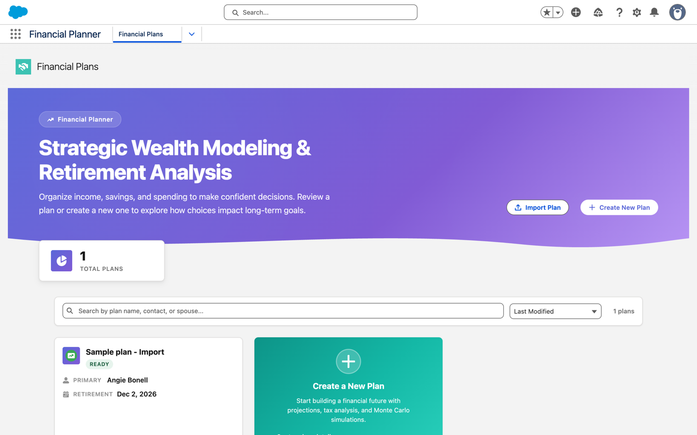 My Financial Records checklist with age assumptions, accounts, income, and expenses in Salesforce