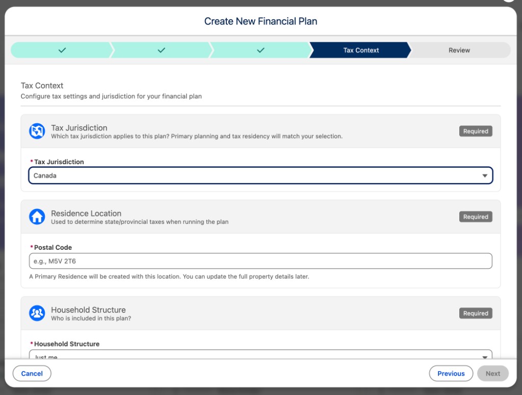 Tax Context step with Canada jurisdiction in Create New Financial Plan