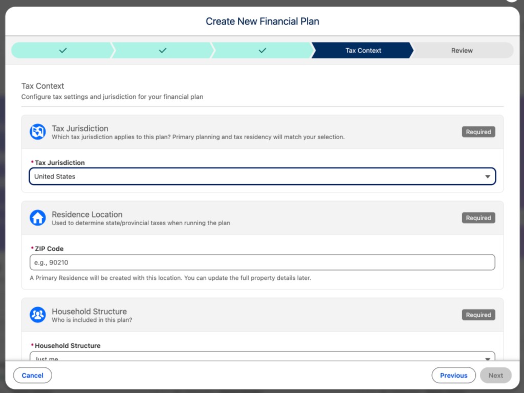 Tax Context step with United States jurisdiction in Create New Financial Plan